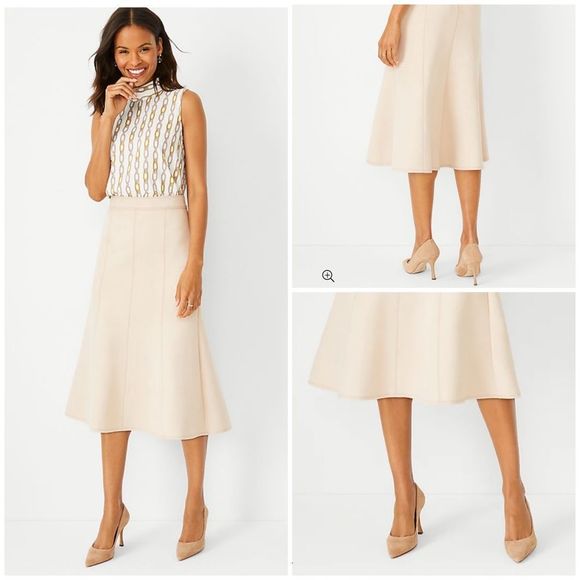 Ann Taylor 00P Petite Washed Tan Faux Suede Seamed Flare Midi Skirt